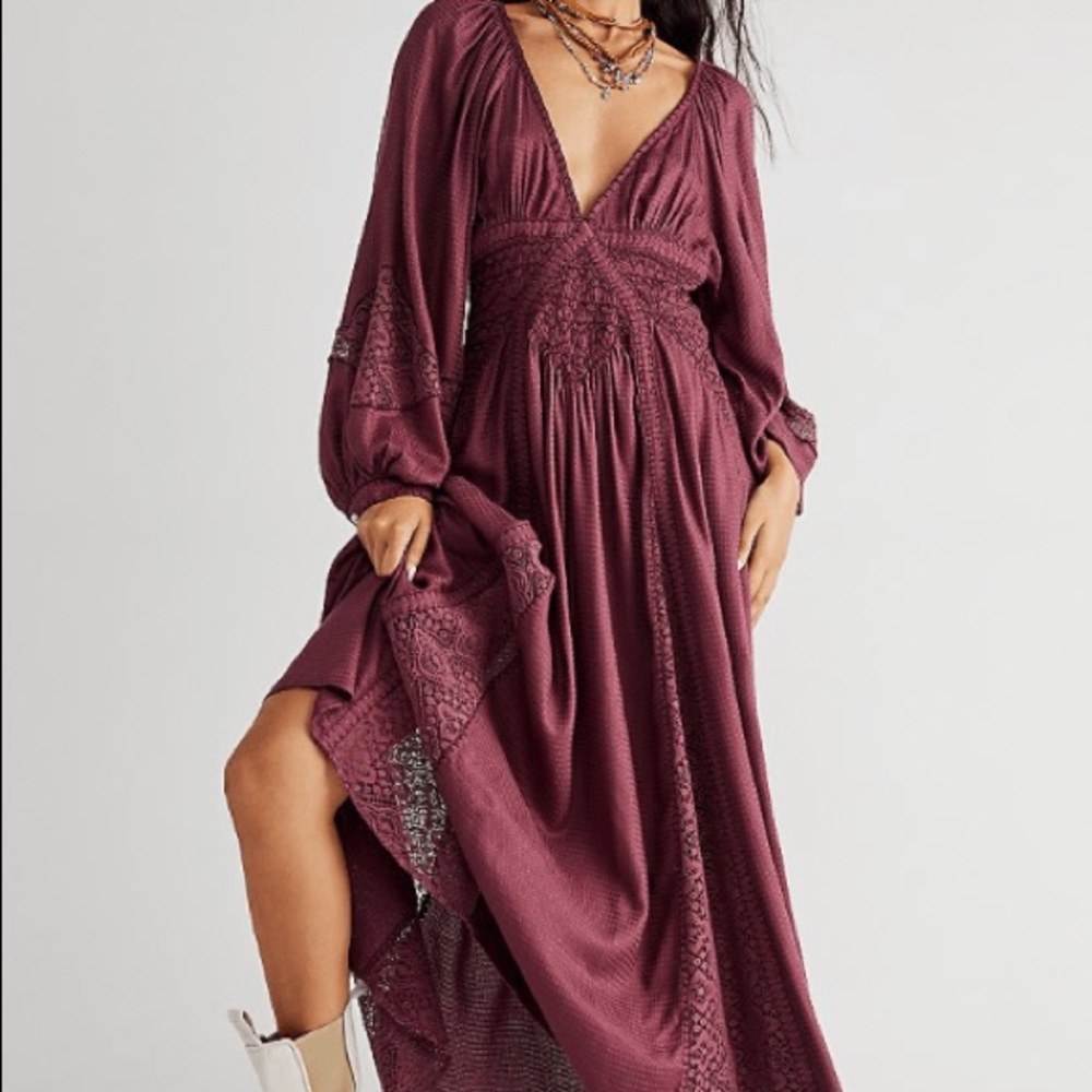 Free People Southwest Crochet Lace Billow Long Sleeve Embroidered Maxi Dress